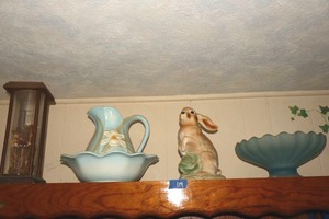 lot 119 image: Home dcor bowl glass bowl, pitcher and basin, bunny figurine