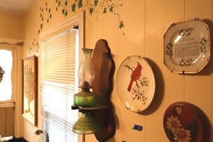 lot 130 image: Home dcor with green glass hurricane lamp