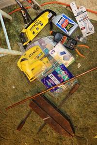lot 148 image: Tools vintage vise, NEW Stanley tools, copper pipe and more