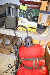 lot 173 image: Sleeping bag, lanterns, and solar yard lights