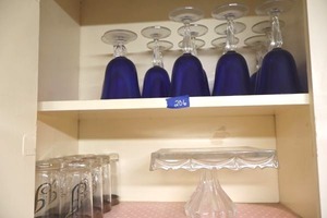 lot 206 image: Blue glass goblet set, silver trimmed glass set and cake pedestal
