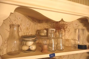 lot 161 image: Clear pedestal plate, 3-D glass prisms, oil and vinegar bottles and more