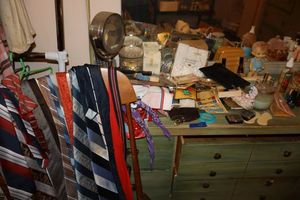 lot 86 image: Misc. lot Vintage ties, lead crystal dish, lipstick holder, embroidered handkerchiefs, kids gloves and more