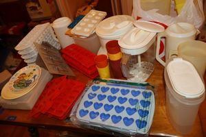 lot 212 image: Kitchen chocolate molds, ice cube trays, plastic pitchers and more