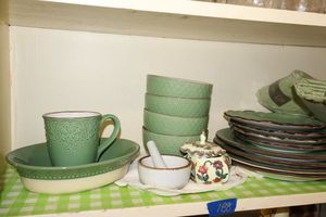 lot 188 image: Pfaltzgraff French Lace Green dish set with green tablecloths