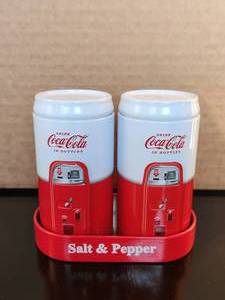 lot 96 image: Vintage collectible metal Coca Cola Salt and Pepper shakers and tray