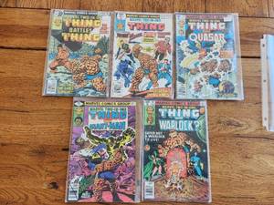 lot 17 image: Vintage Collectible Marvel Comic - Marvel two-in-one comics - The Thing and The Thing #50, A Gathering of Heroes #51, ...Quasar #53, ...Giant Man #55, ...Warlock #63