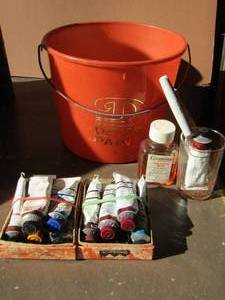 lot 77 image: paint bucket with small tubes of paint, copal painting medium