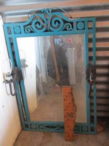 lot 111 image: turquise mirror with 2 lights and a wooden heart key holder