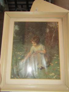 lot 84 image: framed art of little girl picking flowers