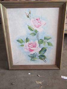lot 125 image: framed painting of pink roses 1967