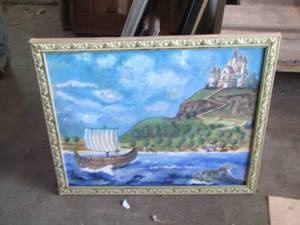 lot 137 image: framed castle and boat art