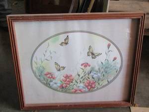 lot 140 image: framed butterfly and flower art