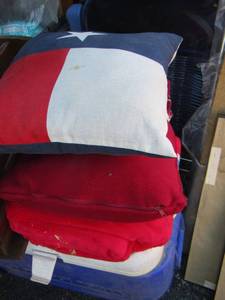 lot 219 image: American flag pillow, travel set pillow and blanket, red throw blanket