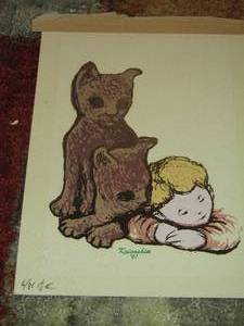 lot 321 image: Krivoshia 1991 art piece OF A BOY WITH  2 KITTENS  6 OF 85