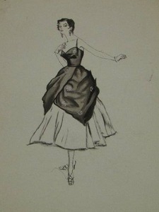 lot 290 image: VINTAGE FASHION ILLUSTRATION OF A LADY WEARING AN EVENING DRESS 1950S STYLE