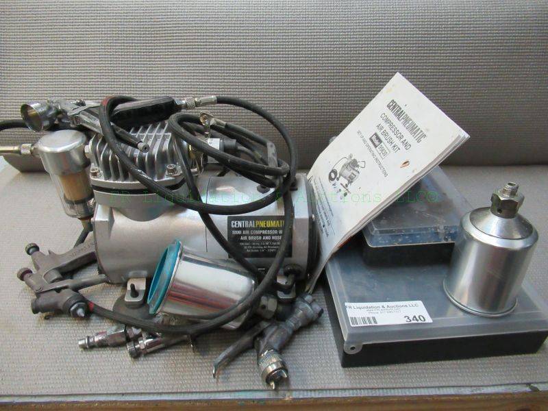 lot 340 image: Central pneumatic mini air compressor, air brush kits and detail paint guns