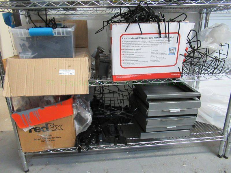 lot 357 image: Assorted hanger hardware & accessories for displays, 2 shelves full