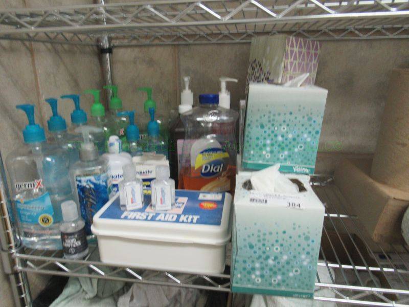lot 384 image: Assorted hand soaps, hand cleaners, first aid kit and tissues