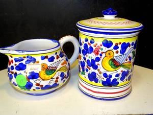 lot 11 image: ARABESCO BLUE PITCHER & CANISTER Description Imported from Italy, stamped SPERNA from Deruta. Never used. Priced together at $120