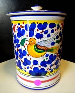 lot 12 image: $$ LARGE ARABESCO BLUE MULTI USE CANISTER Description DERUTA, ITALY FINE CERAMIC HAND PAINTED POTTERY