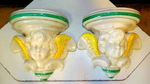 lot 60 image: IMPORTED PAIR WHITE CERAMIC ANGEL LEDGESWALL SCONCE ($45EA) 2X$