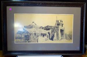 lot 81 image: LARGE HANS P LUETCKE ADOBE BUILDING LITHO PROFESSIONALLY FRAMED & MATTED UNDER GLASS