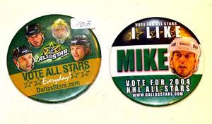 lot 103 image: VINTAGE DALLAS STARS ALL STAR PIN BACKS W MIKE MODANO - LOT OF 2