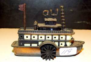 lot 119 image: Vintage Mini Die-Cast Metal Pencil Sharpener Mark Twain Steamboat Paddle Boat $$