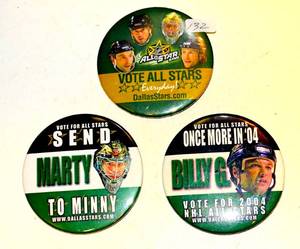 lot 132 image: 2004 NHL DALLAS STARS ALL-STAR PIN BACK BUTTONS (LOT OF 3)