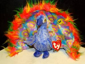 lot 211 image: Beautiful Original Ty Beanie Baby Flashy the Peacock RARE AND DISCONTINUED