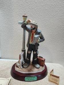 lot 7 image: Vintage collectible Emmett Kelly Jr. clown figurine with wood stand - Convention Bound - hand signed and numbered - large