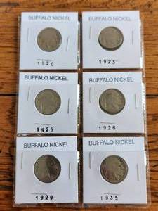 lot 45 image: Selection of vintage Buffalo Nickel 1920, 1923, 1925, 1926, 1929, 1935