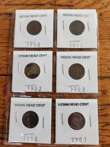 lot 91 image: Selection of vintage Indian Head Cents - 1899, 1900, 1902, 1903, 1906, 1907