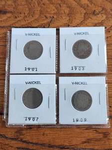 lot 95 image: Selection of vintage V-Nickels - 1901, 1903, 1907, 1909