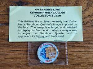lot 138 image: Interesting Kennedy half dollar - statehood quarters image imposed on the face