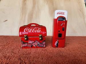 lot 69 image: Vintage collectible Coca Cola - Coke salt & pepper shaker lunch box and 12 a set of S&P shakers vending machine
