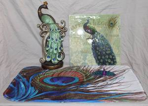 lot 102 image: Peacock lot Peacock On A Pedestal Figurine,Peacock picture,mat and small clip Peacock