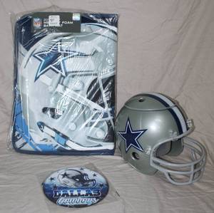 lot 107 image: Dallas cowboys lot mat, helmet ice bucket ,and a wood decor picture.