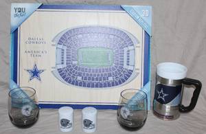 lot 108 image: Dallas cowboys 3D stadium picture,2-Dalles Cowboys glasses  and  Dallas cowboys salt and pepper shakers. And more