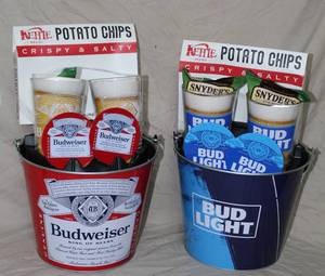 lot 109 image: Budweiser bucket with glasses and coasters  Bud light bucket with glasses and coasters chips are no good