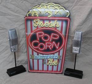 lot 116 image: Fresh Popcorn Buttered & Hot 3D wood wall art sign. And 2-retro-style microphone prop