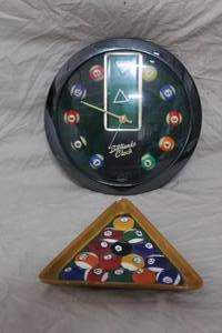lot 120 image: Billiards Clock and tray the tray is porcelain and has a few small chips in it as seen in pics
