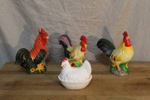 lot 9 image: chicken decor see pics some have small chips