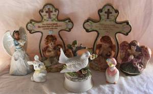 lot 17 image: vintage Giftco guardian angel & child cross figurines and vintage angels and porcelain white dove music box and much more