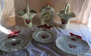 lot 22 image: vintage mantel clock and a pair of basket vases and vintage rose saladdesert and serving plates