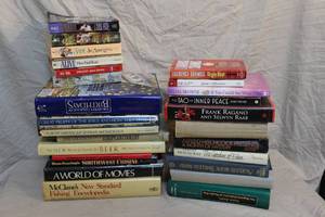 lot 34 image: large lot of books like a world of movies, north american indian mythology, frank Rigano and Selwyn Raab and bible and so many more