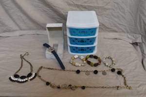 lot 65 image: lot of jewelry and small 3 drawer holder