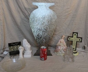 lot 127 image: Coke in pic just for size large metal vase candle holder   Praying hands angel decor cross decor and much more see pics