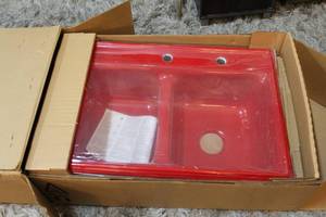lot 138 image: Cortone red double bowl sink